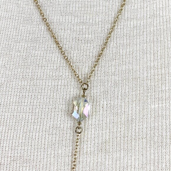 Iridescent Crystal Bead Lariat Y-Necklace on Gold Tone Chain - Picture 3 of 6